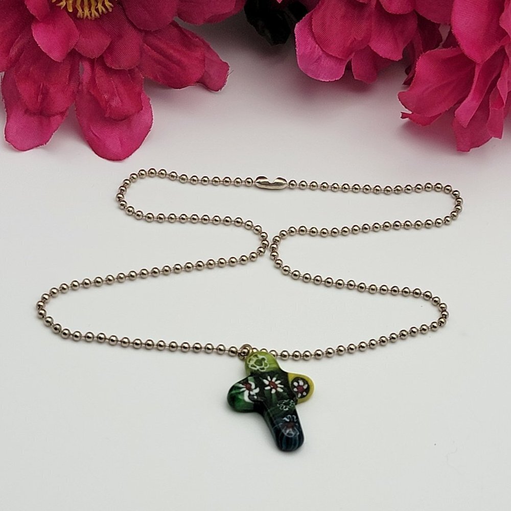 Vintage Venetian Glass Cross Penant Necklace Multicolor Silver Tone Chain 18 In